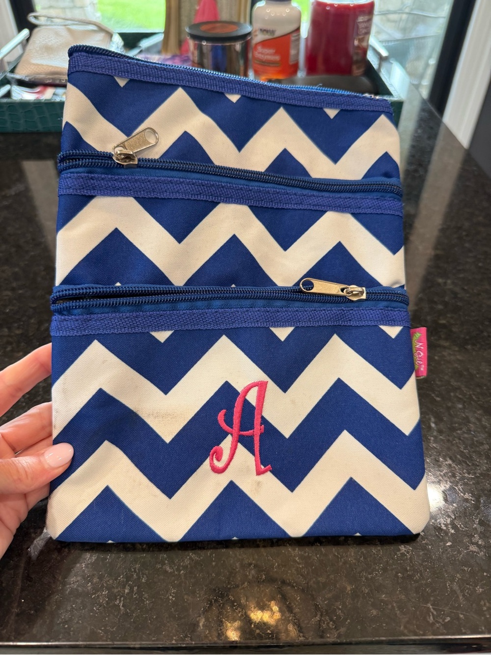 Chevron Pattern Navy & White Triple-Zip Pouch with Pink Monogram